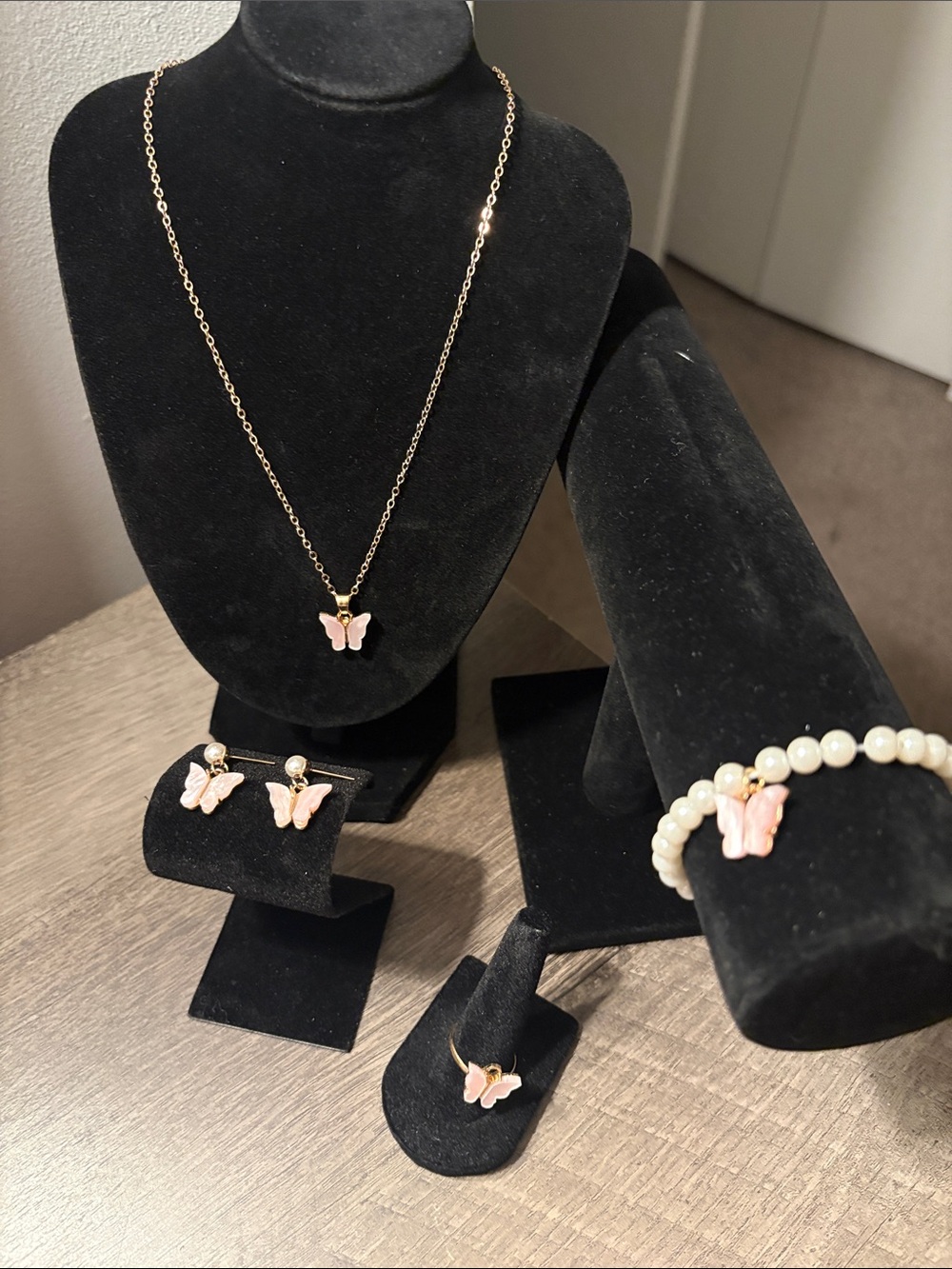 Delicate Pink Butterfly Jewelry Set - Necklace, Earrings, Ring, Bracelet